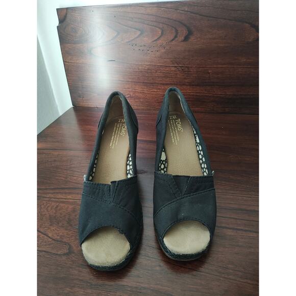 Black Toms Calypso Wedges Slip-On Peep Open Toe Canvas Women's Size 7w - Picture 2 of 5